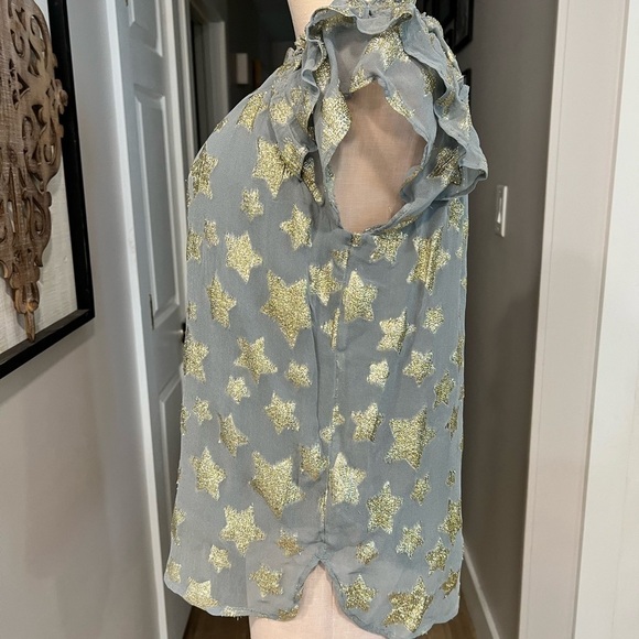 LOFT blue gray chiffon short sleeve blouse with gold stars - Picture 12 of 14